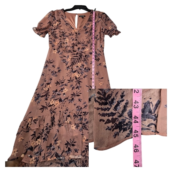 EXPRESS Medium Floral Print Ruffle Short Sleeve Hi Lo Tiered Lined Midi Dress - Picture 12 of 12